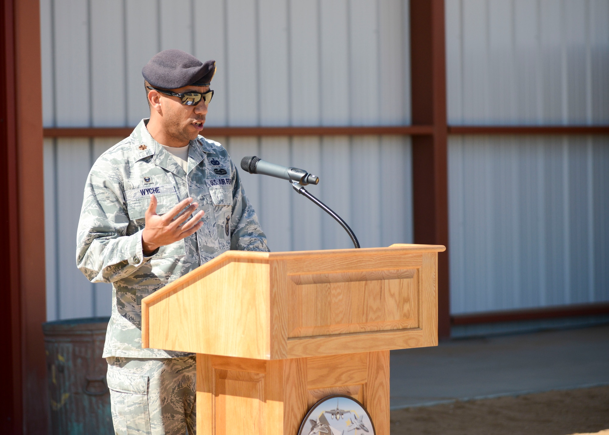The commander of the 412th Security Forces Squadron, Maj. Gilbert Wyche, speaks about the newly-renovated Small Arms Range during a ribbon-cutting ceremony at Edwards Air Force Base, Calif., Sept. 6, 2018. (Photo by Giancarlo Casem, 412th Test Wing Public Affairs)