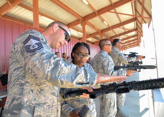 The commander of the 412th Security Forces Squadron, Maj. Gilbert Wyche, speaks about the newly-renovated Small Arms Range during a ribbon-cutting ceremony at Edwards Air Force Base, Calif., Sept. 6, 2018. (Photo by Giancarlo Casem, 412th Test Wing Public Affairs)