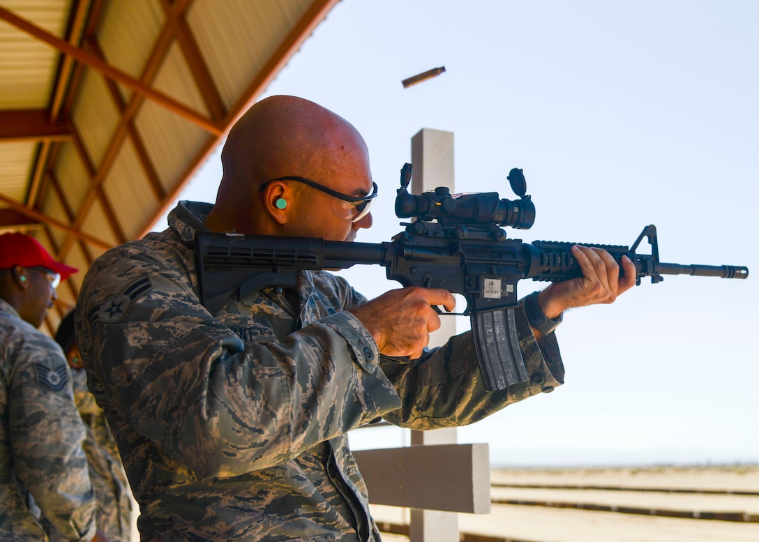 The commander of the 412th Security Forces Squadron, Maj. Gilbert Wyche, speaks about the newly-renovated Small Arms Range during a ribbon-cutting ceremony at Edwards Air Force Base, Calif., Sept. 6, 2018. (Photo by Giancarlo Casem, 412th Test Wing Public Affairs)