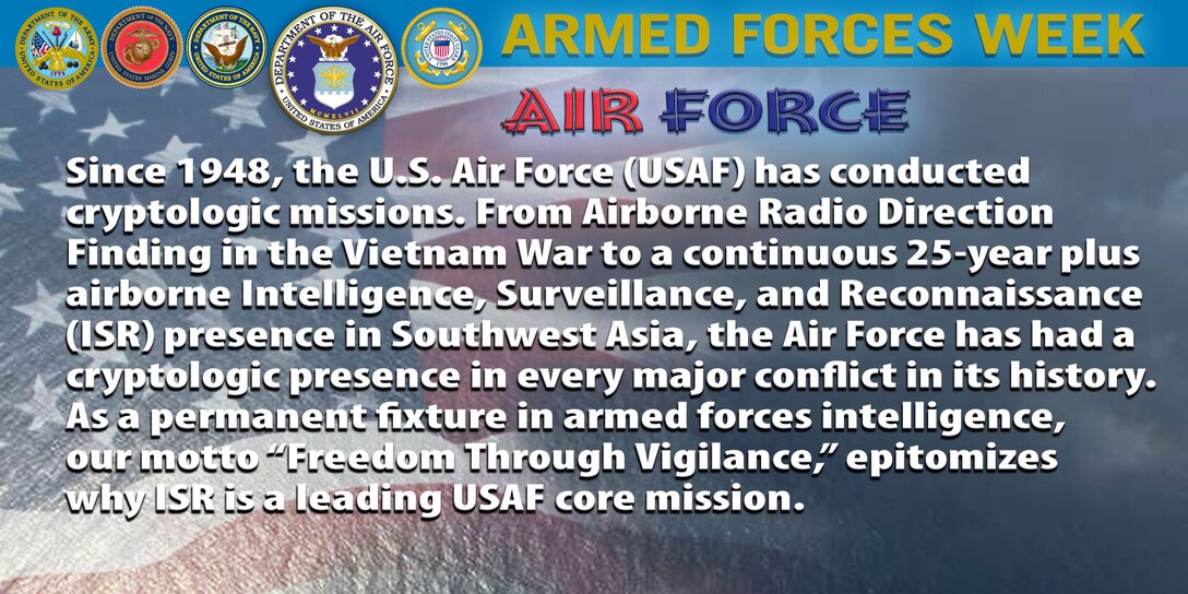 Since 1948, the Air Force has conducted cryptologic missions. From Airborne Radio Direction Finding in the Vietnam War to a continuous 25-year plus airborne Intelligence Surveillance and Reconnaissance (ISR) presence in Southwest Asia, the Air Force has had a cryptologic presence in every major conflict in its history. As a permanent fixture in the armed forces intelligence organization, our motto "Freedom Through Vigilance," epitomizes why ISR is a leading USAF core mission.