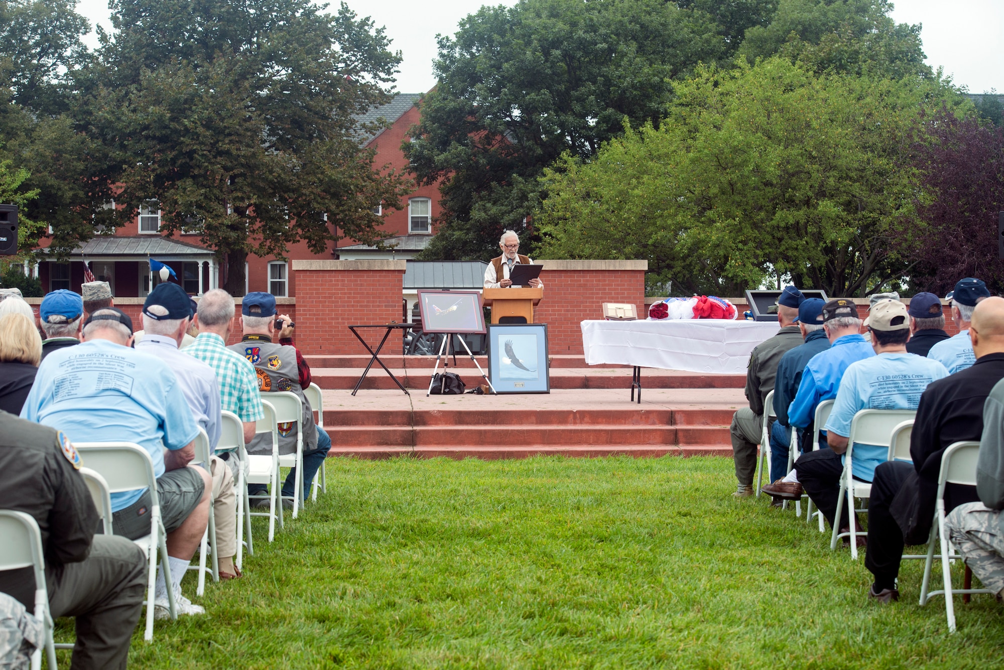 Retired U.S. Air Force Master Sgt. Lonnie Henderson, an intelligence, surveillance and reconnaissance retiree and Prop Wash Gang member, speaks during the 60528 Remembrance Ceremony held Aug. 30, 2018, at Offutt Air Force Base, Nebraska. The ceremony was held to honor the 17 crewmembers who were lost during the Cold War when their C-130, which was modified to fly reconnaissance missions, was shot down. The aircraft’s tail number was 60528. The ceremony was attended by members of the Prop Wash Gang, a group of retired Intelligence Surveillance Reconnaissance operators, family members and fellow wingman to the fallen and ISR professionals. (U.S. Air Force Photo by L. Cunningham)