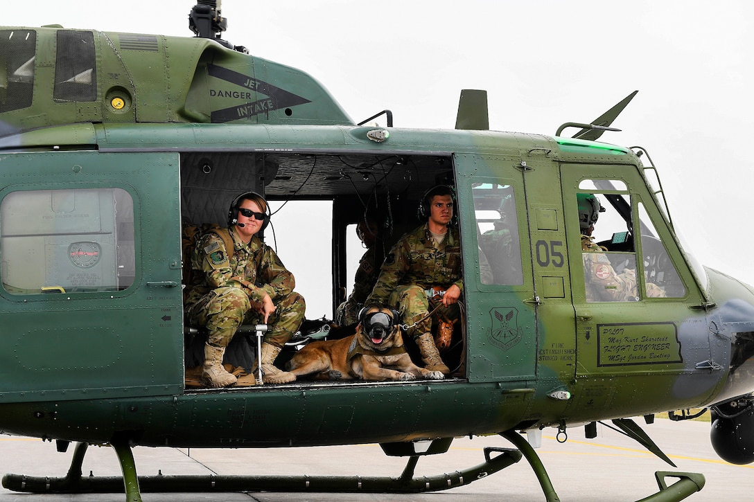 Airmen and their military working dogs sit in a helicopter.