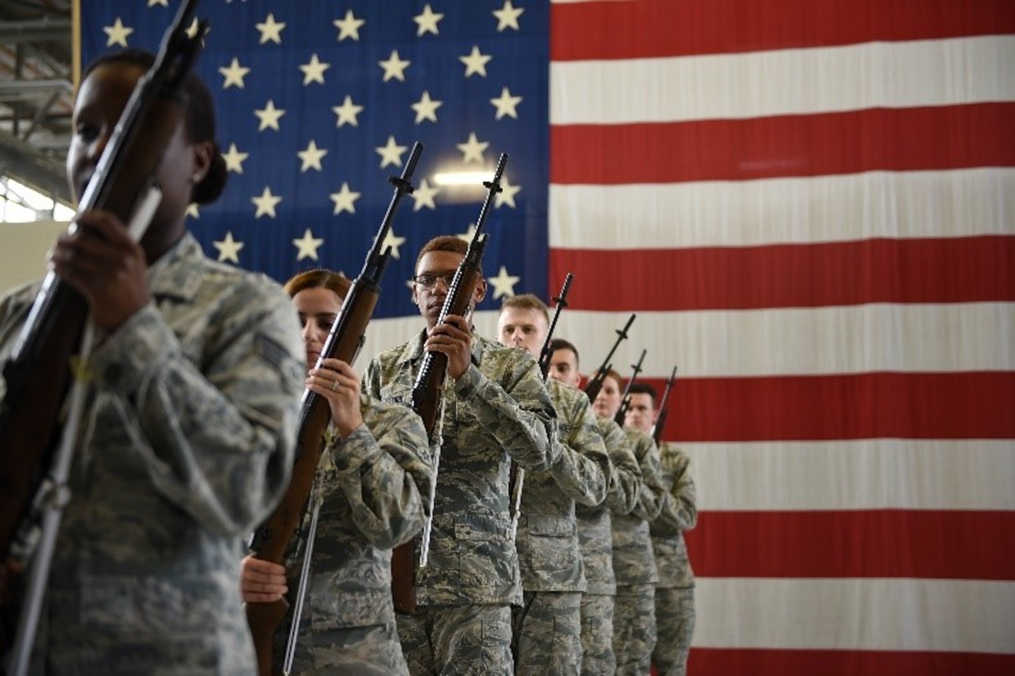 The 14th Flying Training Wing Honor Guard practices for an upcoming ceremony in The Walker Center June 14, 2018, on Columbus Air Force Base, Mississippi. The Honor Guard perform ceremonial duties for events, veterans, and funerals across the local area. Honor Guard is a time honored tradition to the professionalism and courtesies of those who have faithfully served in the Department of Defense. (U.S. Air Force photo by Airman 1st Class Keith Holcomb)