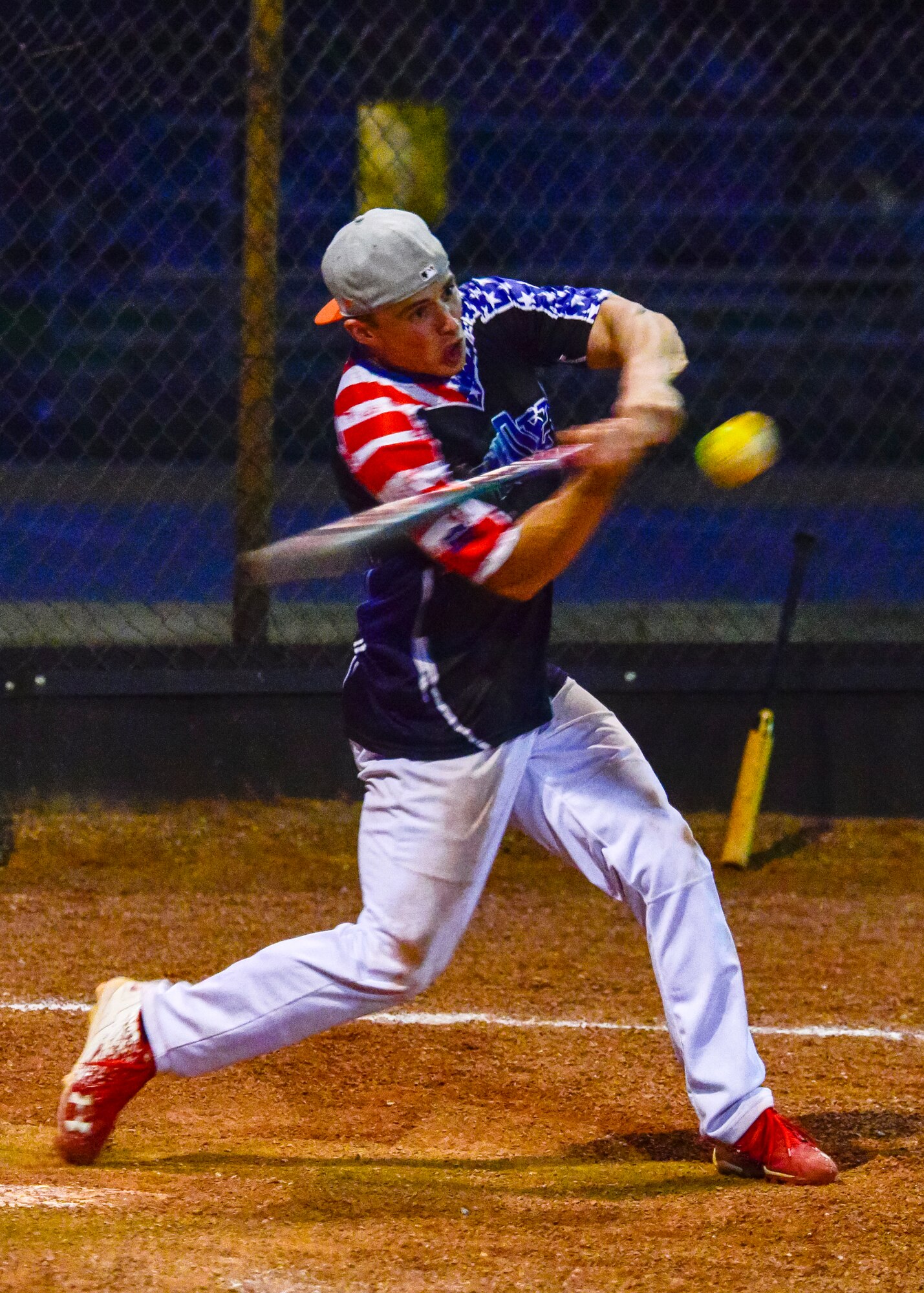 U.S. Air Force Senior Airman Grant Bailey, third baseman for the Weapons Systems Security Squadron Van Houten softball team bats at the Kirtland softball championship game at Kirtland Air Force Base, N.M., Sept 06, 2018. Secruity Forces Group #2 team defeated WSSS Van Houten 15-11. (U.S. Air Force photo by Airman Austin J. Prisbrey)