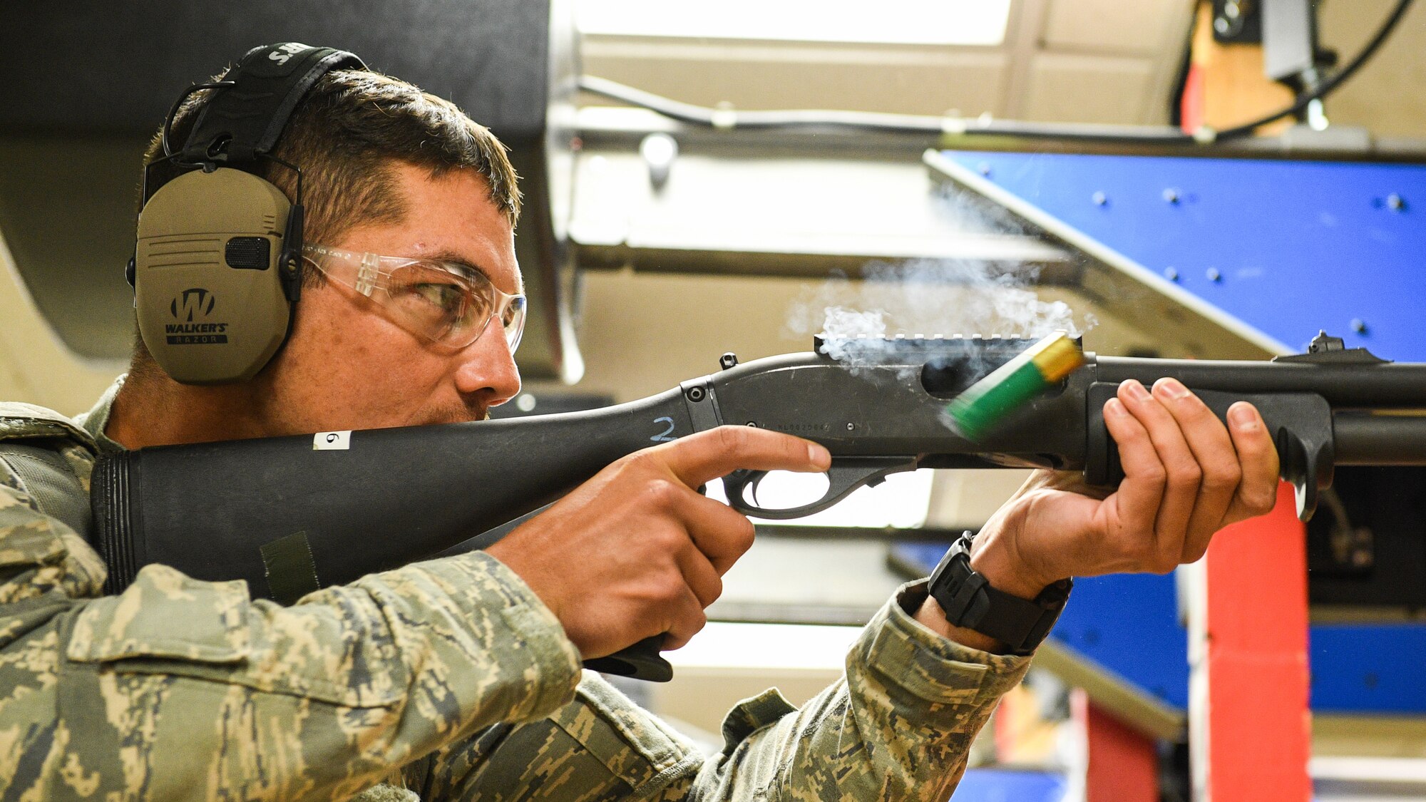 Technical Sgt. Jakob Haase, a security forces defender from the 72nd Security Forces Squadron, Tinker Air Force Base, Okla., fires an M870 shotgun Sept. 7, 2018, at Hill AFB, Utah. Haase was one of six Airmen selected to the security forces team representing Air Force Material Command at the 2018 Defender Challenge Sept. 10-14 at Camp Bullis Military Training Reservation, near San Antonio, Texas. The team will compete against 13 other teams from other U.S. Air Force major commands, Great Britain and Germany in the first 2018 Defender Challenge since 2004. (U.S. Air Force photo by R. Nial Bradshaw)