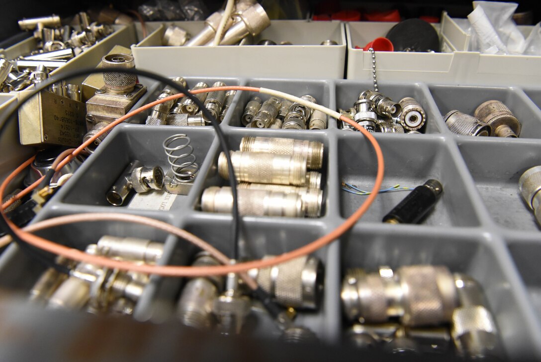 Tools and hardware await are used by the 28th Communications Squadron radio maintenance shop at Ellsworth Air Force Base, S.D., Sept. 5, 2018. The radio maintenance shop is responsible for maintaining and repairing many of the land mobile radios.  They also maintain the base’s mass communication system and also set up and operate public address equipment for community events. (U.S. Air Force photo by Airman 1st Class Thomas Karol)