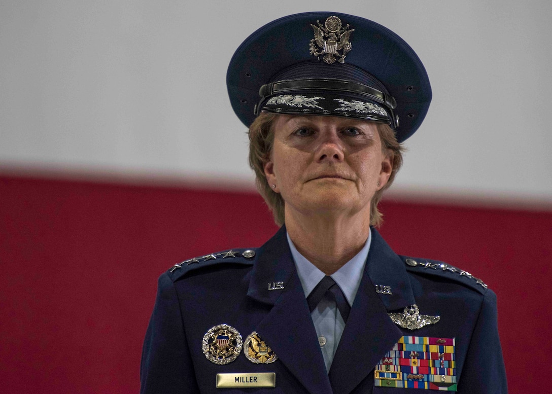 Gen. Maryanne Miller, Air Mobility Command commander, looks toward the audience after assuming command of AMC at Scott Air Force Base, Illinois, Sept. 7, 2018. Miller assumed command from Gen. Carlton D. Everhart II, who retires after 35 years of service to the Air Force. AMC provides rapid global air mobility and sustainment for America's armed forces through airlift, aerial refueling, aeromedical evacuation and mobility support. (U.S. Air Force photo by Tech. Sgt. Jodi Martinez)