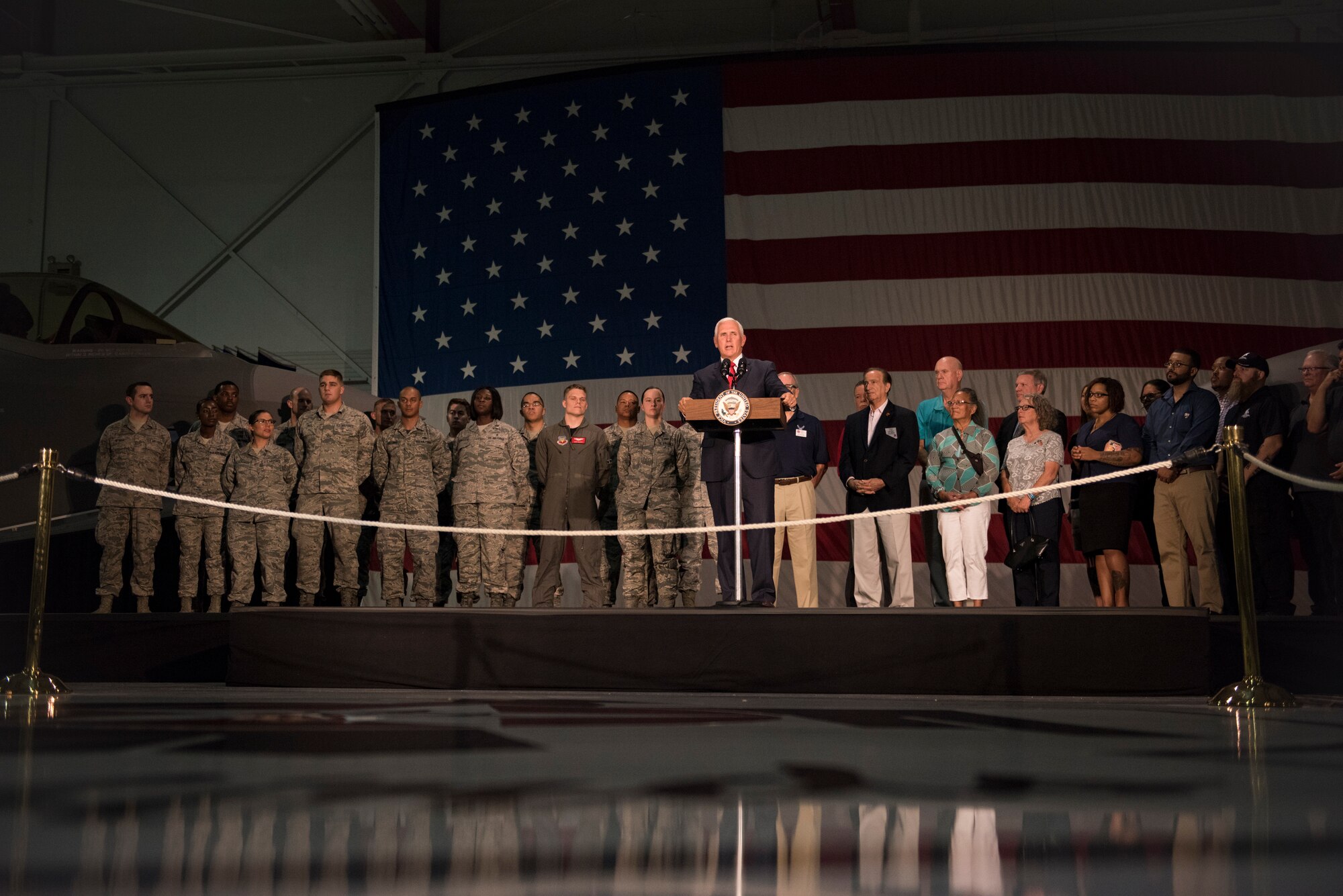 Vice President Mike Pence speaks to a crowd of Airmen and veterans at Nellis Air Force Base, Nevada, Sept. 7, 2018. Pence visited the base in January and returned for another firsthand look at the world’s premier proving ground for air, space and cyberspace lethality. (U.S. Air Force photo by Airman 1st Class Andrew D. Sarver)