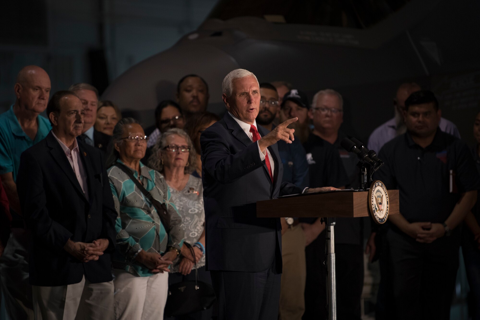 Vice President Mike Pence speaks to a crowd of Airmen and veterans at Nellis Air Force Base, Nevada, Sept. 7, 2018. Pence visited the base in January and returned for another firsthand look at the world's premier proving ground for air, space and cyberspace lethality. (U.S. Air Force photo by Airman 1st Class Andrew D. Sarver)