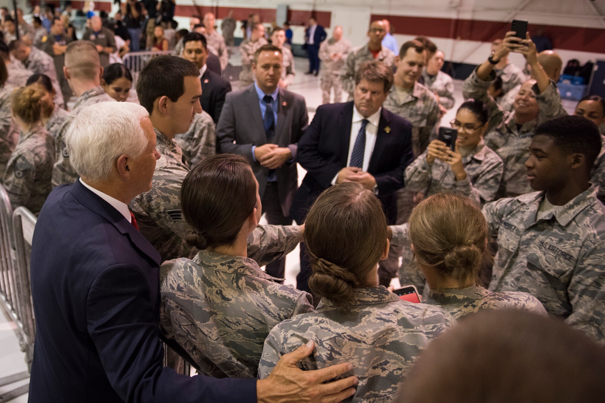 Vice President Mike Pence greets Airmen during a morale visit to Nellis Air Force Base, Nevada, Sept. 7, 2018. Pence visited the base in January and returned for another firsthand look at the world’s premier proving ground for air, space and cyberspace lethality. (U.S. Air Force photo by Airman 1st Class Andrew D. Sarver)