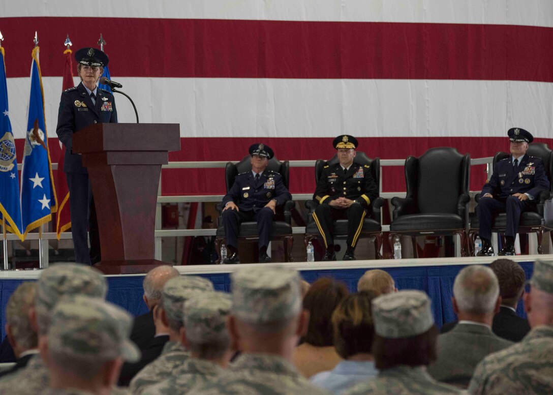 Gen. Maryanne Miller addresses mobility Airmen for the first time as Air Mobility Command commander during the change of command ceremony, Scott Air Force Base, Illinois, Sept. 7, 2018. Miller assumed command from Gen. Carlton D. Everhart II, who retires after 35 years of service to the Air Force. AMC provides rapid, global mobility and sustainment for America's armed forces through airlift, aerial refueling, aeromedical evacuation and mobility support. (U.S. Air Force photo by Tech. Sgt. Jodi Martinez)