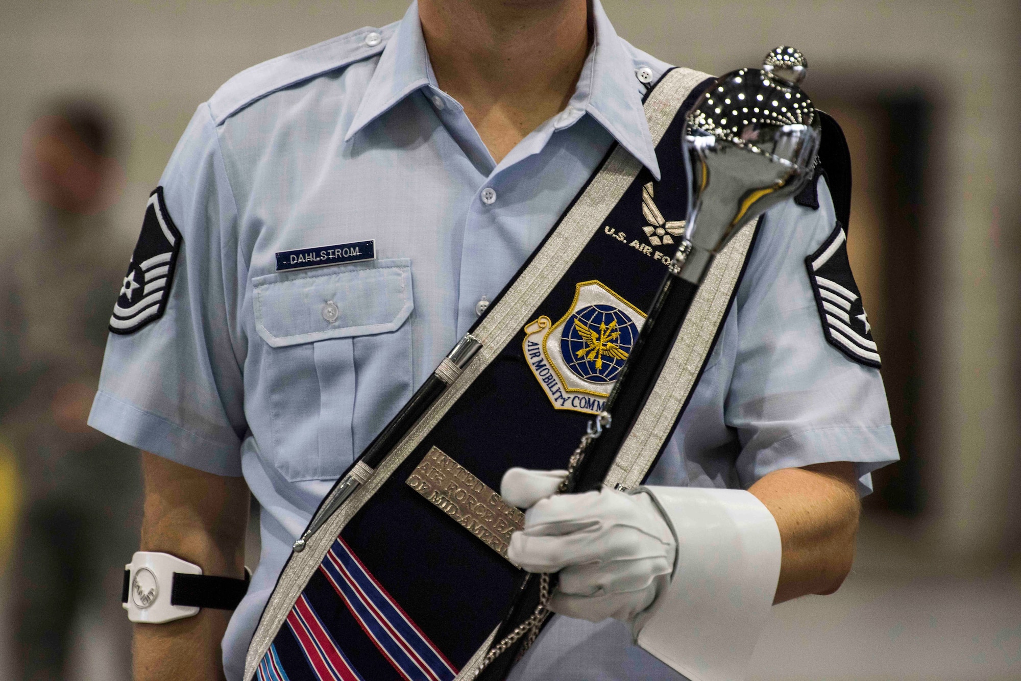 Master Sgt. Peter Dahlstorm, Band of Mid-America readiness section chief, stands in formation for the Air Mobility Command change of command, Scott Air Force Base, Illinois, Sept. 7, 2018. Gen. Maryanne Miller assumed command from Gen. Carlton D. Everhart II, who retires after 35 years of service to the Air Force. AMC provides rapid global air mobility and sustainment for America's armed forces through airlift, aerial refueling, aeromedical evacuation and mobility support. (U.S. Air Force photo by Tech. Sgt. Jodi Martinez)