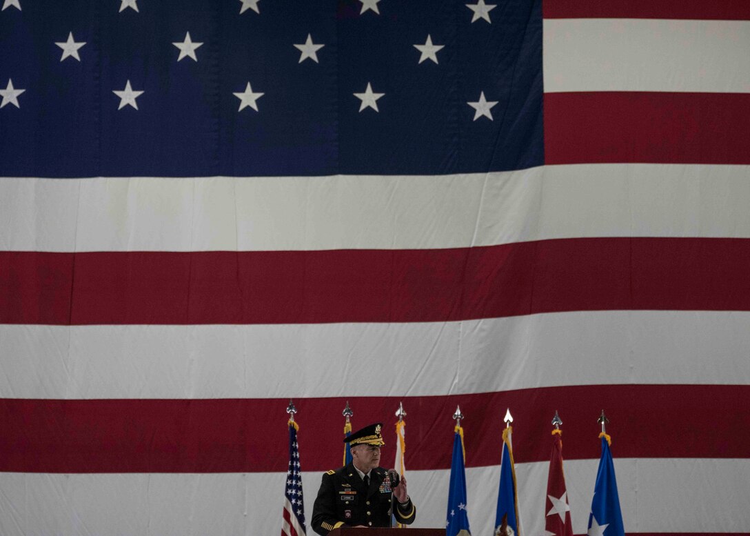 U.S. Army Gen. Stephen R. Lyons, U.S. Transportation Command commander, speaks during the Air Mobility Command change of command, Scott Air Force Base, Illinois, Sept. 7, 2018. Gen. Maryanne Miller assumed command from Gen. Carlton D. Everhart II, who retires after 35 years of service to the Air Force. AMC provides rapid global air mobility and sustainment for America's armed forces through airlift, aerial refueling, aeromedical evacuation and mobility support. (U.S. Air Force photo by Tech. Sgt. Jodi Martinez)
