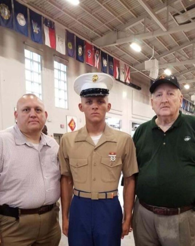 Douglas, Tanner, and Raymond Wright pose for a family photo at Tanner’s graduation ceremony Aug. 3, 2018 on Parris Island, S.C. Tanner became a fourth generation Marine and fifth generation service member, and will carry on the Wright Family legacy at The Citadel, The Military College of South Carolina.

(Photo courtesy of Douglas Wright)