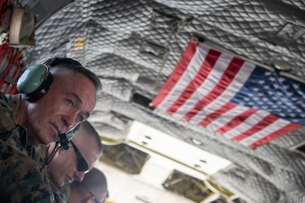 U.S. Marine Corps Gen. Joe Dunford, chairman of the Joint Chiefs of Staff, rides aboard a CH-47 Chinook in Kabul, Afghanistan, Sept. 7, 2018.