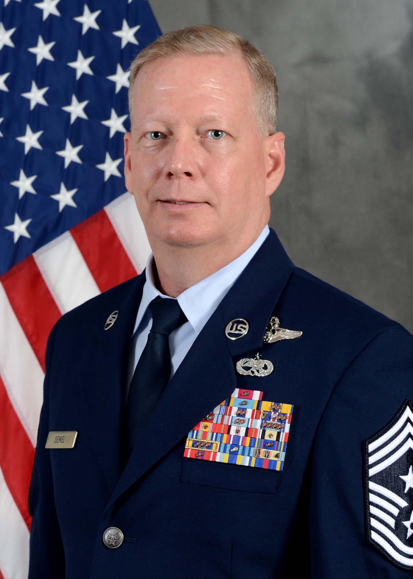 U.S Air Force Chief Master Sgt. Darren Demel poses for his official portrait at McConnell Air Force Base, Kan., April 3, 2016. Demel is slated to become command chief of the 307th Bomb Wing at Barksdale Air Force Base, La. (U.S. Air Force photo by Technical Sgt. Abigail Klein/Released)