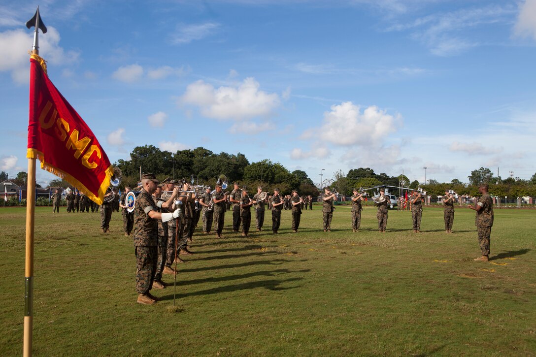 The Marine Forces Reserve Band performs during the change of command ceremony, Sept. 8, 2018, at Marine Corps Support Facility New Orleans. Lt. Gen. Rex C. McMillian, outgoing commander of MARFORRES and MARFORNORTH, relinquished his duties to Maj. Gen. Burke W. Whitman. (U.S. Marine Corps photo by Lance Cpl. Tessa D. Watts