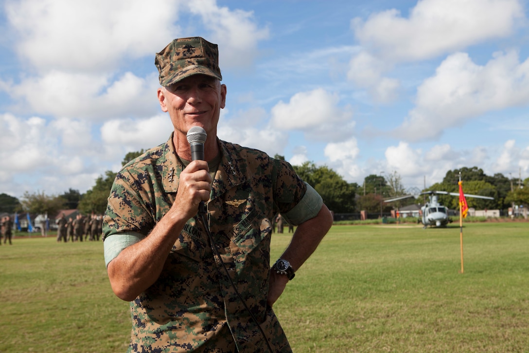 Lt. Gen. Rex C. McMillian, outgoing commander of Marine Forces Reserve and Marine Forces North speaks to  attendees during the change of command ceremony Sept. 8, 2018, at Marine Corps Support Facility New Orleans. McMillian relinquished his duties to Maj. Gen. Burke W. Whitman. (U.S. Marine Corps photo by Lance Cpl. Tessa D. Watts)