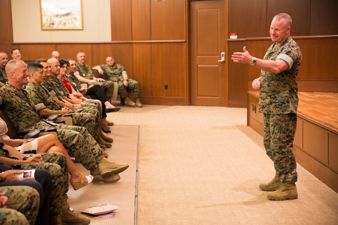 Brig. Gen. Michael S. Martin, commanding general of 4th Marine Division, addresses attendees at a change of command ceremony held at Marine Corps Support Facility New Orleans, Sept. 8, 2018. Martin assumed command from Maj. Gen. Burke W. Whitman, who served as the commanding general from 2017-2018. (U.S. Marine Corps photo by Sgt. Melissa Martens)