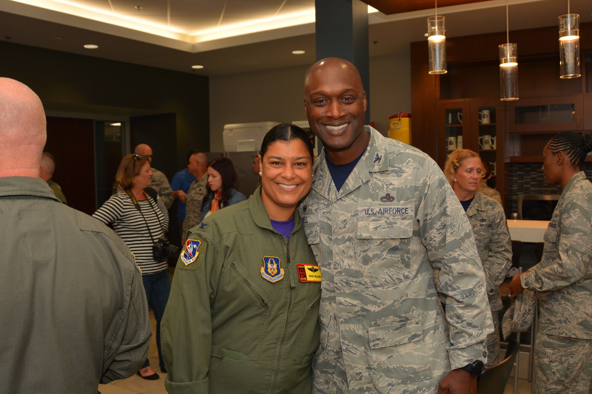 Among the Tinker Air Force Base, Oklaoma, leaders present for the 513th Air Control Group ribbon-cutting event Sept. 7, 2018, were Col. Dana Nelson, 507th Air Refueling Wing vice commander, and Col. Kenyon Bell, 72nd Air Base Wing commander. The 72nd ABW is the host installation command for Tinker AFB, Oklahoma, of which the 513th ACG is a tenant. The 507th ARW is the larger AFRC organization present at Tinker. The 507th ARW maintains a fleet of eight KC-135 Stratotankers and provides administrative support to the 513th ACG. The 513th Air Control Group is the only Air Force Reserve unit to fly and maintain the E-3 Sentry, an Airborne Warning and Control System aircraft that provides surveillance, warning and tactical control of U.S. and allied military aircraft. As a Reserve Associate Unit, 513th ACG Airmen assigned work hand-in-hand with the active-duty 552nd Air Control Wing, contributing reliable AWACS support to numerous missions worldwide regularly. (Air Force photo by Master Sgt. Grady Epperly)