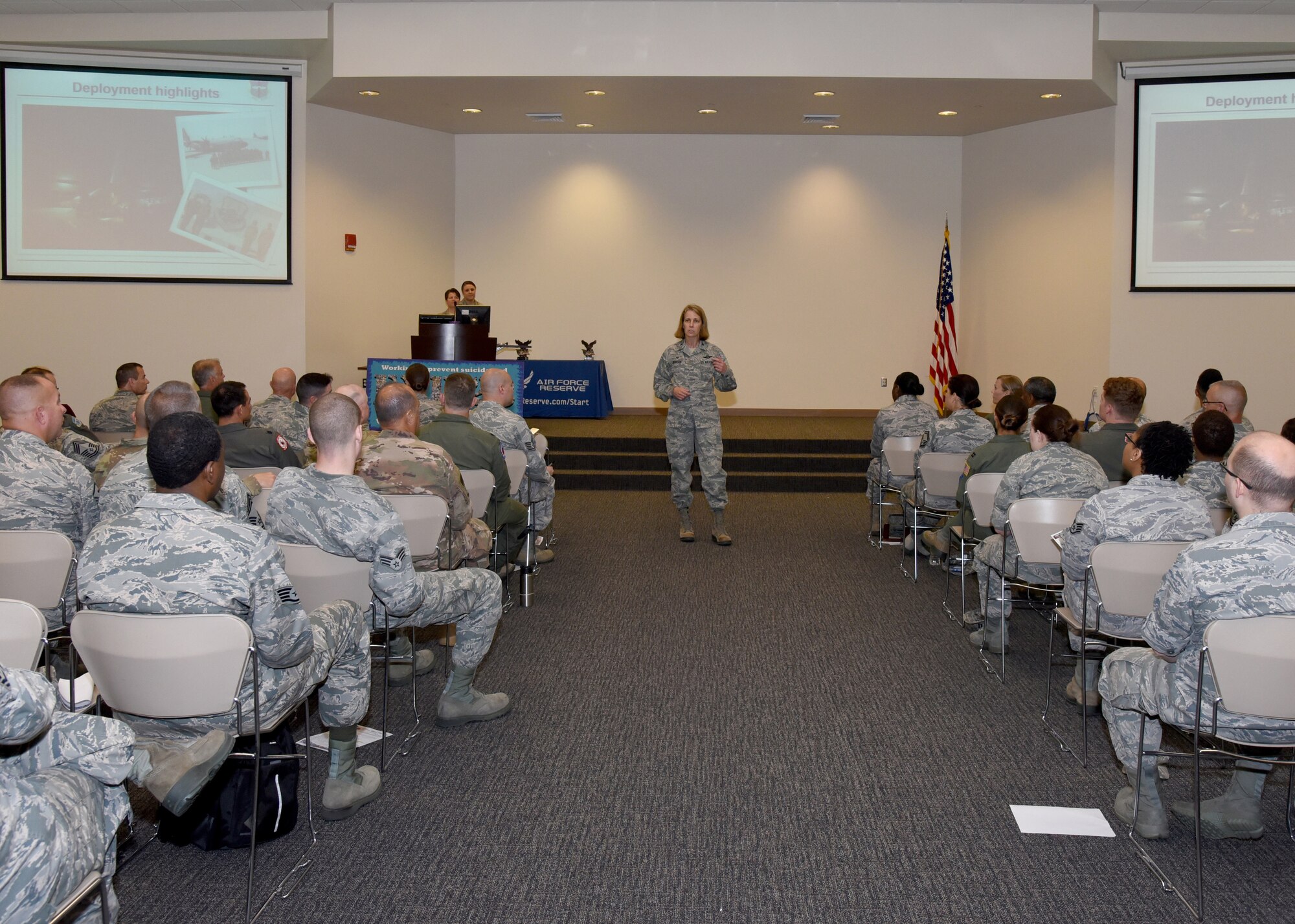 Col. Jennie Johnson, commander of the 403d Wing at Keesler Air Force Base, Miss., held two commander's calls to recognize quarterly awards and address the members of the wing on the unit's status Sept. 8, 2018. (U.S. Air Force photo by Senior Airman Kristen L. Pittman)