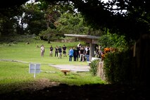 Chris Majewski, a tour guide, describes the details of the conflict on Hacksaw Ridge with Marines and Sailors during a tour Sept. 7, 2018 at Hacksaw Ridge, Okinawa, Japan. Marines and Sailors with Headquarters Company, Headquarters Regiment, 3rd Marine Logistics Group, participated in the World War II battle site tour to learn about the U.S. Marine Corps’ history on Okinawa and remember those who have gone before them. Majewski is a tour guide with Marine Corps Community Services Tours+ and is a native of Boulder City, Nevada. (U.S. Marine Corps photo by Pfc. Terry Wong)