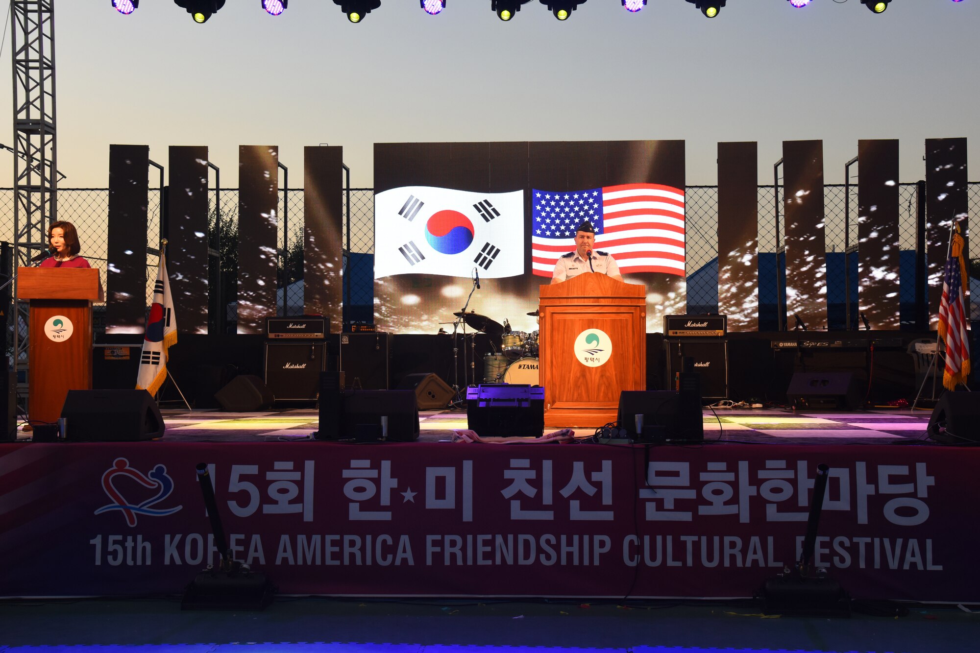 U.S. Air Force Col. William Betts, 51st Fighter Wing commander, speaks during the opening ceremony of the 15th annual Korean-American Friendship Cultural Festival at the Songtan Entertainment District, Republic of Korea, Sept. 8, 2018. As the host U.S. military commander for the event, Betts delivered a congratulatory speech to commemorate the ROK and U.S. friendship and the promise to be good neighbors. (U.S. Air Force photo by Tech Sgt. Ashley Tyler)