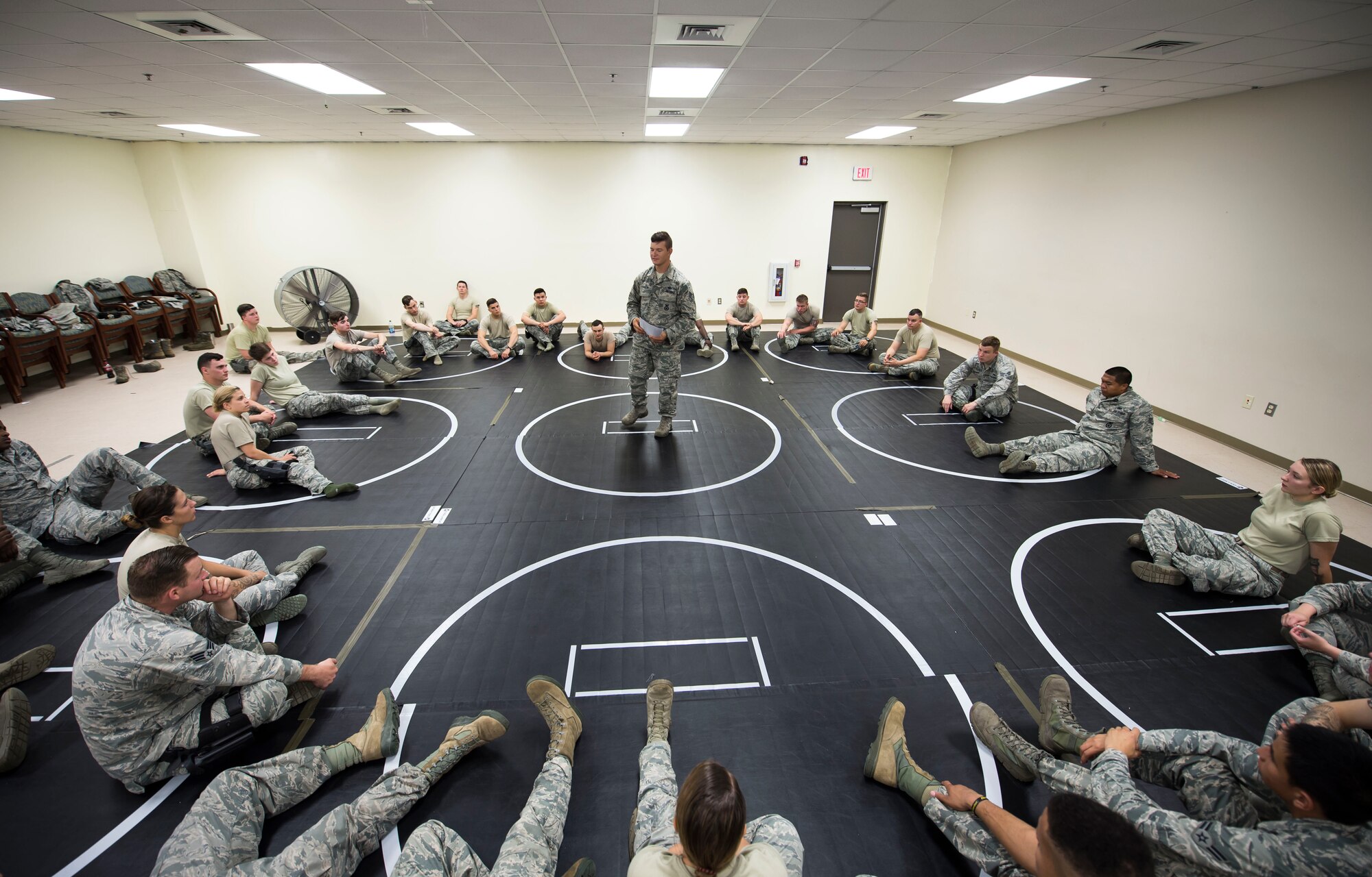 U.S. Air Force Staff Sgt. Barry O’Brien, 20th Security Forces Squadron combatives trainer, briefs Airmen during a combatives training at Shaw Air Force Base, S.C., Sept. 5, 2018.