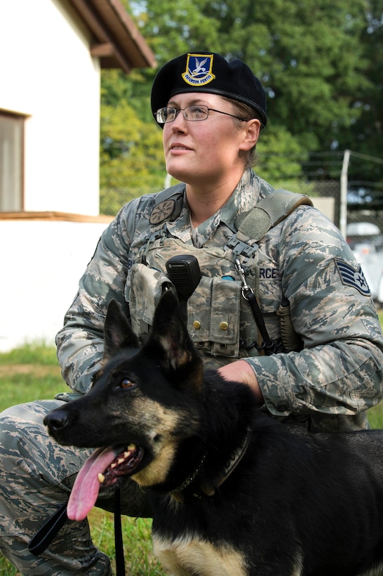 An airman and a military working dog take a break from training.