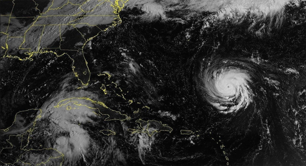 Satellite image shows the strong storm dubbed Florence in the Caribbean. Southeastern U.S. states are preparing the storm's arrival later this week.