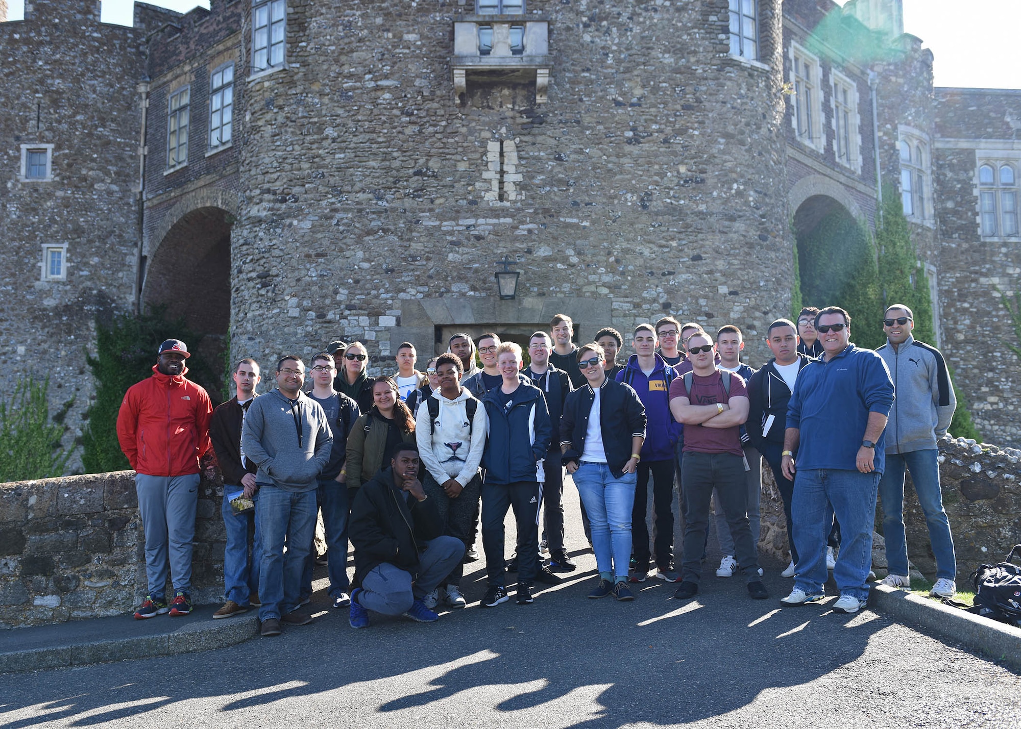 Team Mildenhall Airmen gather during a resiliency trip to Dover Castle in Dover, England, Sept. 7, 2018. The trip included a self-guided tour of the castle, along with an underground hospital and a realistic representation of Operation Dynamo. Operation Dynamo was the rescue and evacuation of 338,000 Allied troops from Dunkirk in May 1940. (U.S. Air Force photo by Senior Airman Luke Milano)