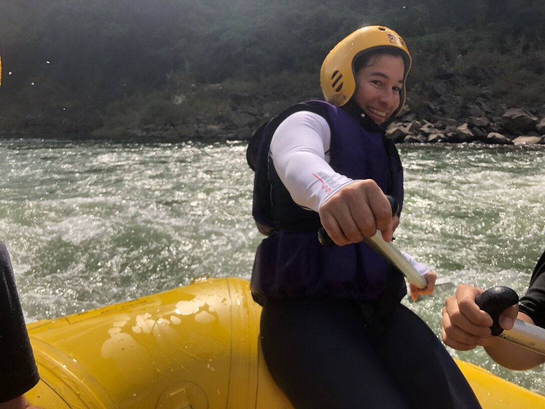 Soldier tries whitewater rafting in South Korea.
