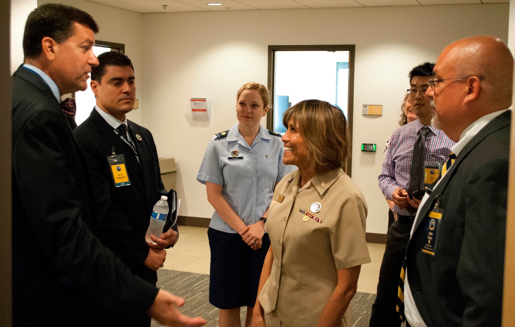 IMAGE: KING GEORGE, Va. (Aug. 29, 2018) – James Smerchansky, Dr. Luis Rodriguez, Air Force Maj. Amanda Clark, Navy Vice Adm. Raquel Bono, Ray Cho, and John Fiore, left to right, discuss diversity at the first Leadership in a Diverse Environment Training Event hosted by Naval Surface Warfare Center Dahlgren Division (NSWCDD). Smerchansky - Naval Sea Systems Command (NAVSEA) executive director - spoke to participants about diversity and inclusion. Bono – director of the Defense Health Agency – briefed on how to “Lead Where You Are to Inspire, Engage, and Innovate”. Fiore - NSWCDD technical director – kicked off the two-day event with his opening remarks, and joined NSWCDD Commanding Officer Capt. Godfrey ‘Gus’ Weekes to encourage participants on the second day with a talk called “Extend the Challenge”. The training event featured a wide spectrum of presentations and discussion panels focusing on the challenges and opportunities facing today’s leadership.