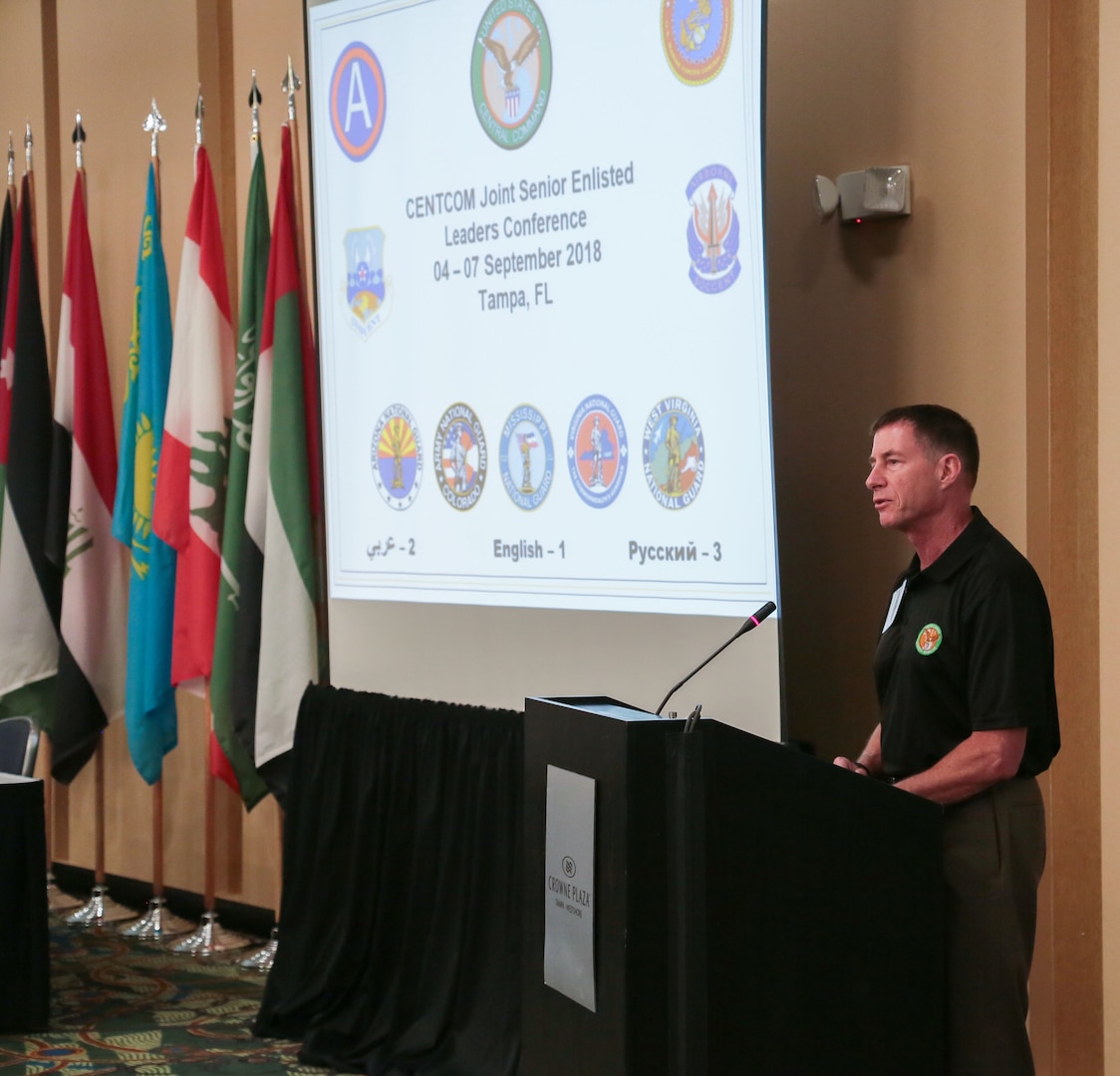 U.S. Army Command Sgt. Maj. William Thetford, U.S. Central Command’s senior enlisted leader delivers welcomes attendees and delivers opening remarks during the CENTCOM Joint Senior Enlisted Leaders Conference in Tampa, Fla. Sept. 6, 2018. The purpose of the four-day U.S. Central Command hosted conference is to provide a forum for senior enlisted leaders to explore ways to empower and develop their non-commissioned officer ranks and to build a network of multi-national senior enlisted professionals. Senior enlisted leaders from CENTCOM's component commands, five National Guard units and representatives from eight partner nations. (U.S. Central Command Public Affairs photo by Tom Gagnier)
