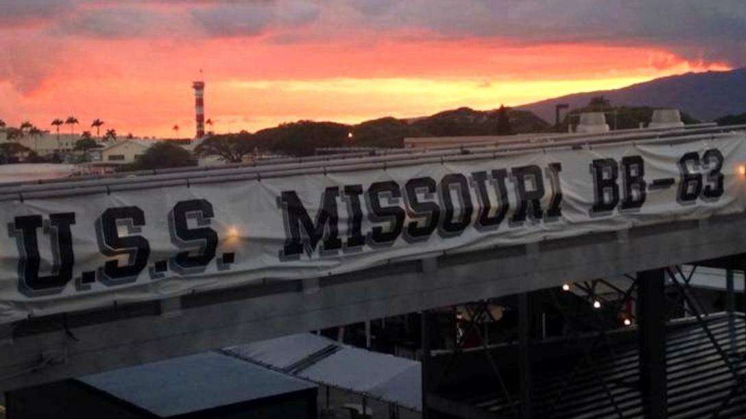 The USS Missouri Banner greets guests.