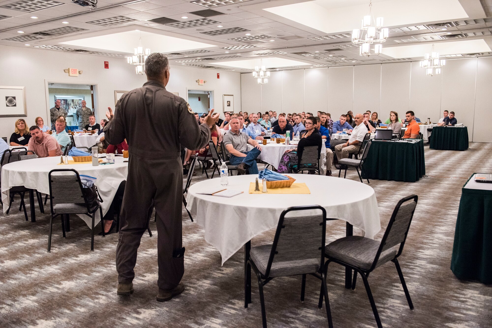Col. David Cochran, addresses 167th Airlift Wing Airmen and their families at a Yellow Ribbon Reintegration Program at the Holiday Inn in Martinsburg, W.Va., Sep 8, 2018. The Airmen have returned from recent overseas deployments as part of the wing’s Reserve Component Period, a specific timeframe in which the majority of a unit may be tasked to deploy. (U.S. photo by Senior Master Sgt. Emily Beightol-Deyerle)