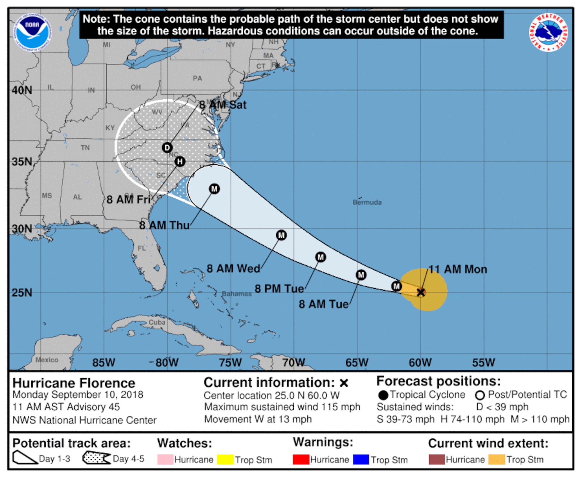 Projected path of Hurricane Florence as of Monday, Sept. 10, 2018, at 11 a.m.
