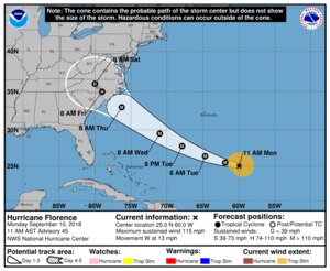 Projected path of Hurricane Florence as of Monday, Sept. 10, 2018, at 11 a.m.