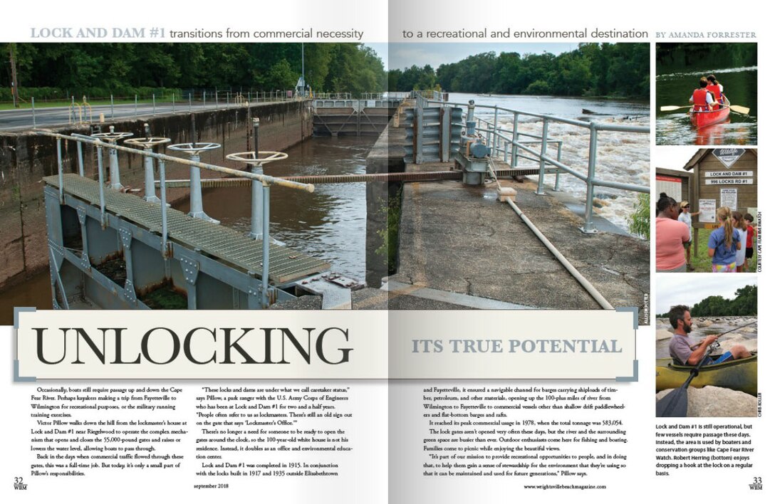 Great feature article and photos of the Wilmington District's Lock and Dam 1 located near Riegelwood, NC on the Cape Fear River in the interactive Wrightsville Beach Magazine online.  Go to page 32 on www.wrightsvillebeachmagazine.com for the article.