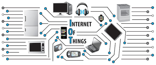 Illustration of representation of circuit board with pieces of technology and appliances surrounding the words Internet of Things
