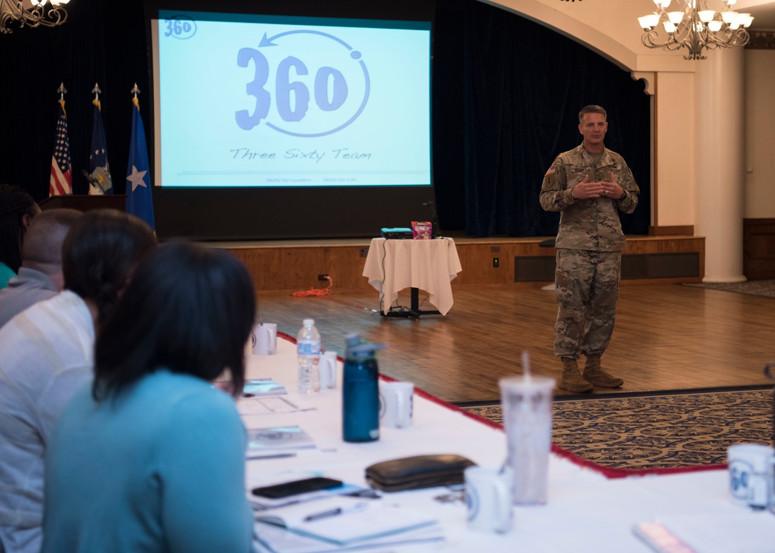 Col. Peter Velesky, 502d Air Base Wing and Joint Base San Antonio vice commander,  talks to NCOs Sept. 10, 2018 at the 360° Leadership Course at, JBSA-Randolph, Texas. The 360° Leadership Course is a complex, hands-on universal leadership course focused on enhancing senior leaders while providing important and necessary tools for leaders to manage and respond to issues and challenges they may face.