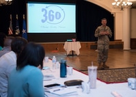 Col. Peter Velesky, 502d Air Base Wing and Joint Base San Antonio vice commander,  talks to NCOs Sept. 10, 2018 at the 360° Leadership Course at, JBSA-Randolph, Texas. The 360° Leadership Course is a complex, hands-on universal leadership course focused on enhancing senior leaders while providing important and necessary tools for leaders to manage and respond to issues and challenges they may face.