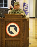 FORT KNOX, Ky. – Col. Brian Memoli, assistant chief of staff, director of operations, G-3, 1st Theater Sustainment Command, hosted the White Team Redeployment Ceremony at the Sadowski Center, June 20. The team deployed to Kuwait in December and spent six-months there, traveling to various countries in the Middle East, in support of their mission. (U.S. Army photo by Mr. Brent Thacker)