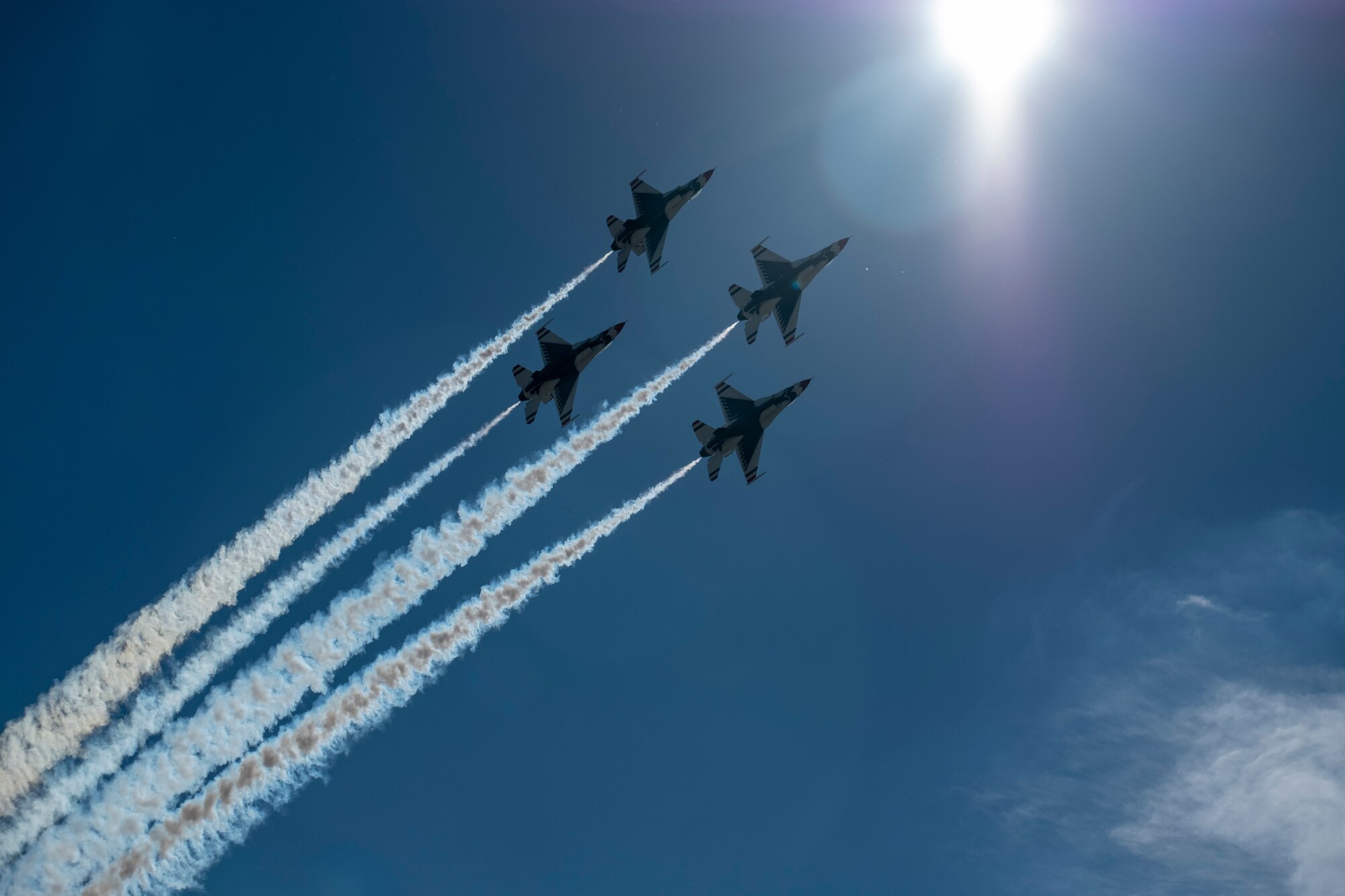 Members of the U.S. Thunderbirds perform for Team McConnell at the Frontiers in Flight Open House and Airshow Sept. 9, 2018, McConnell Air Force Base, Kan. In 1953 the Air Force activated the 3600th Demonstration Unit, which adopted the name “Thunderbirds,” establishing a 55-year heritage of displaying the capabilities of the most powerful Air Force in the world. (U.S. Air Force Photo by Staff Sgt. Preston Webb)