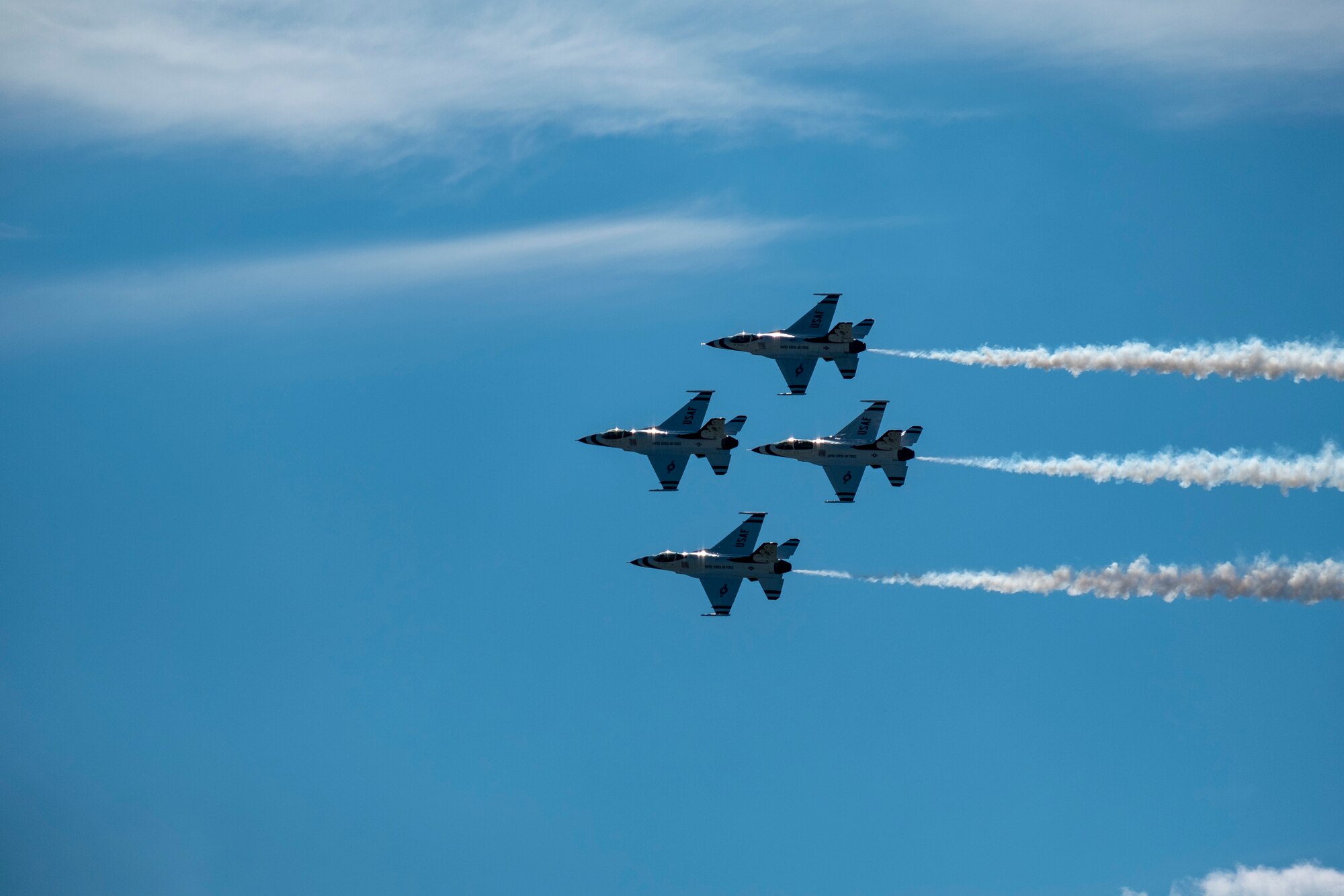 Members of the Thunderbirds Demonstration Squadron perform for Team McConnell  at the Frontiers in Flight Open House and Airshow Sept. 9, 2018, McConnell Air Force Base, Kan. In 1953 the Air Force activated the 3600th Demonstration Unit, which adopted the name “Thunderbirds,” establishing a 55-year heritage of displaying the capabilities of the most powerful Air Force in the world. (U.S. Air Force Photo by Staff Sgt. Preston Webb)