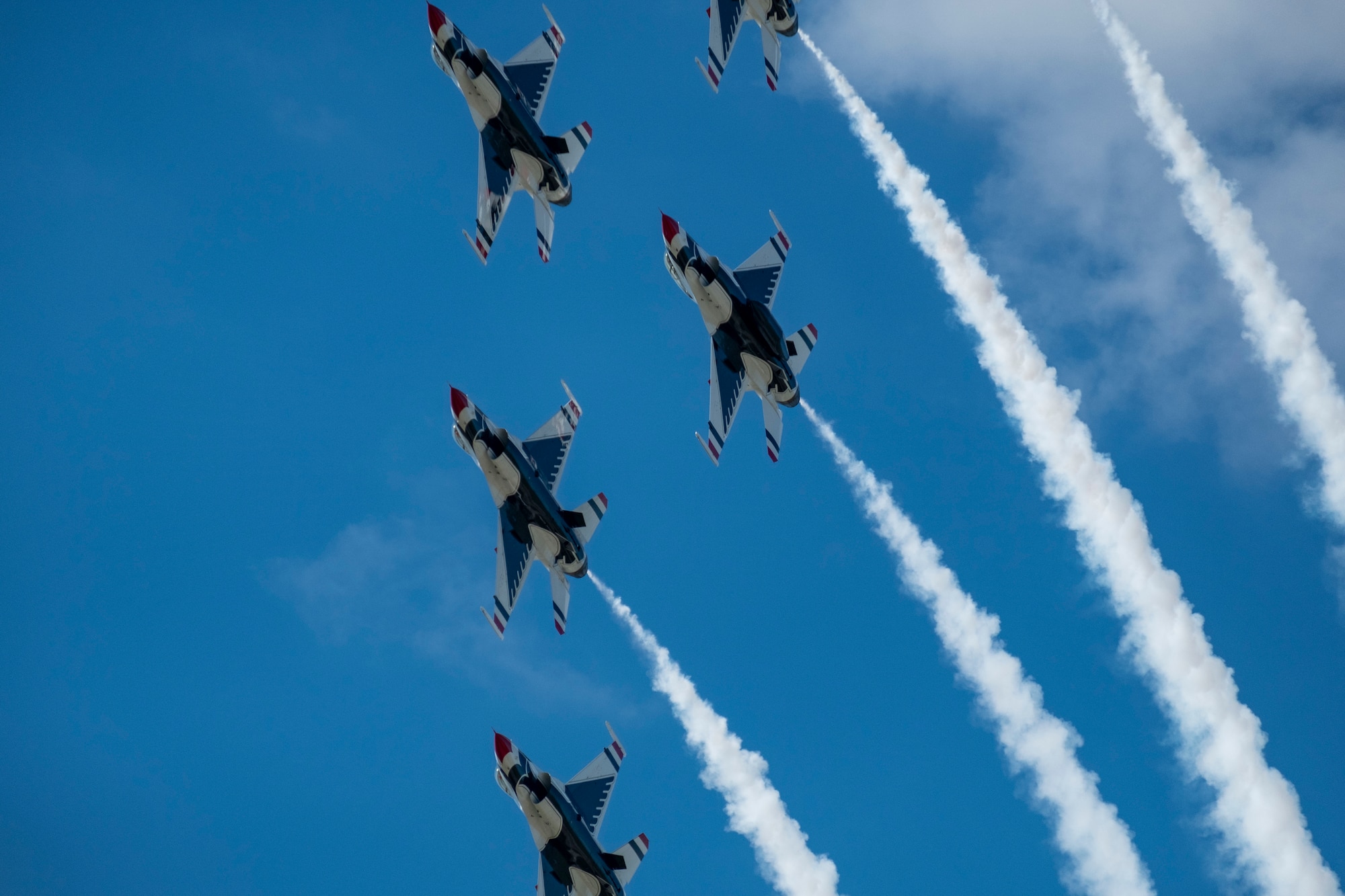 Members of the Thunderbirds Demonstration Squadron perform for Team McConnell  at the Frontiers in Flight Open House and Airshow Sept. 9, 2018, McConnell Air Force Base, Kan. In 1953 the Air Force activated the 3600th Demonstration Unit, which adopted the name “Thunderbirds,” establishing a 55-year heritage of displaying the capabilities of the most powerful Air Force in the world. (U.S. Air Force Photo by Staff Sgt. Preston Webb)