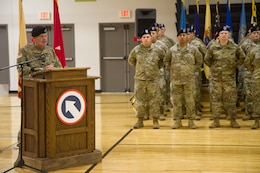 FORT KNOX, KY – Maj. Gen. Flem B. “Donnie” Walker, Jr., commanding general, 1st Theater Sustainment Command speaks during the first Special Troops Battalion change of command, change of responsibility ceremony at Fort Knox, June 12, at the Sadowski Center. Walker spoke about how proud he is of the command team and how far they have come in the past two years. (U.S. Army photo by Mr. Brent Thacker)