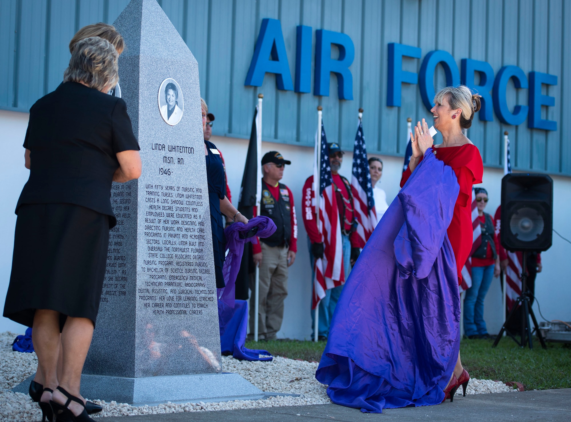 A monument to honor nurses is unveiled at the U.S. Air Force Armament Museum here Sept. 7. The tribute is a “thank you” to military and civilian nurses and the first of its kind in Florida. The monument became a reality through the efforts of William Everett, PHC 811, the Military Order of the Purple Heart, the AFAM, the Northwest Florida State College nursing program, the Northwest Florida Daily News along with many local businesses and individuals.