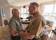 Marine Corps Gen. Joe Dunford, chairman of the Joint Chiefs of Staff, meets with Malaysian Chief of Defense Forces Army Gen. Tan Sri Haji Zulkifli bin Jaji Zainal Abidin during the Indo-Pacific Chief of Defense conference in Waikiki, Hawaii, Sept. 10, 2018.