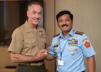 Marine Corps Gen. Joe Dunford, chairman of the Joint Chiefs of Staff, meets with Indonesian Air Force Air Chief Marshal Hadi Tjahjanto, Commander, Indonesian National Armed Forces, during the Indo-Pacific Chief of Defense conference in Waikiki, Hawaii, Sept. 10, 2018. (DOD photo by U.S. Navy Petty Officer 1st Class Dominique A. Pineiro)